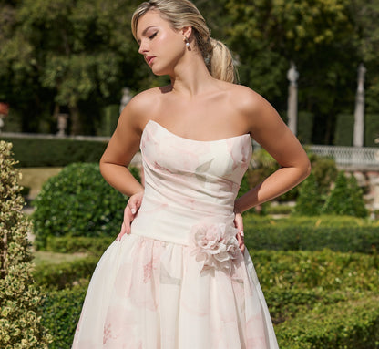 Printed Satin Faced Organza ballgown in Blushing Peony