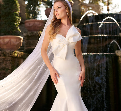 Stretch Mikado Mermaid gown with draped bow in Ivory