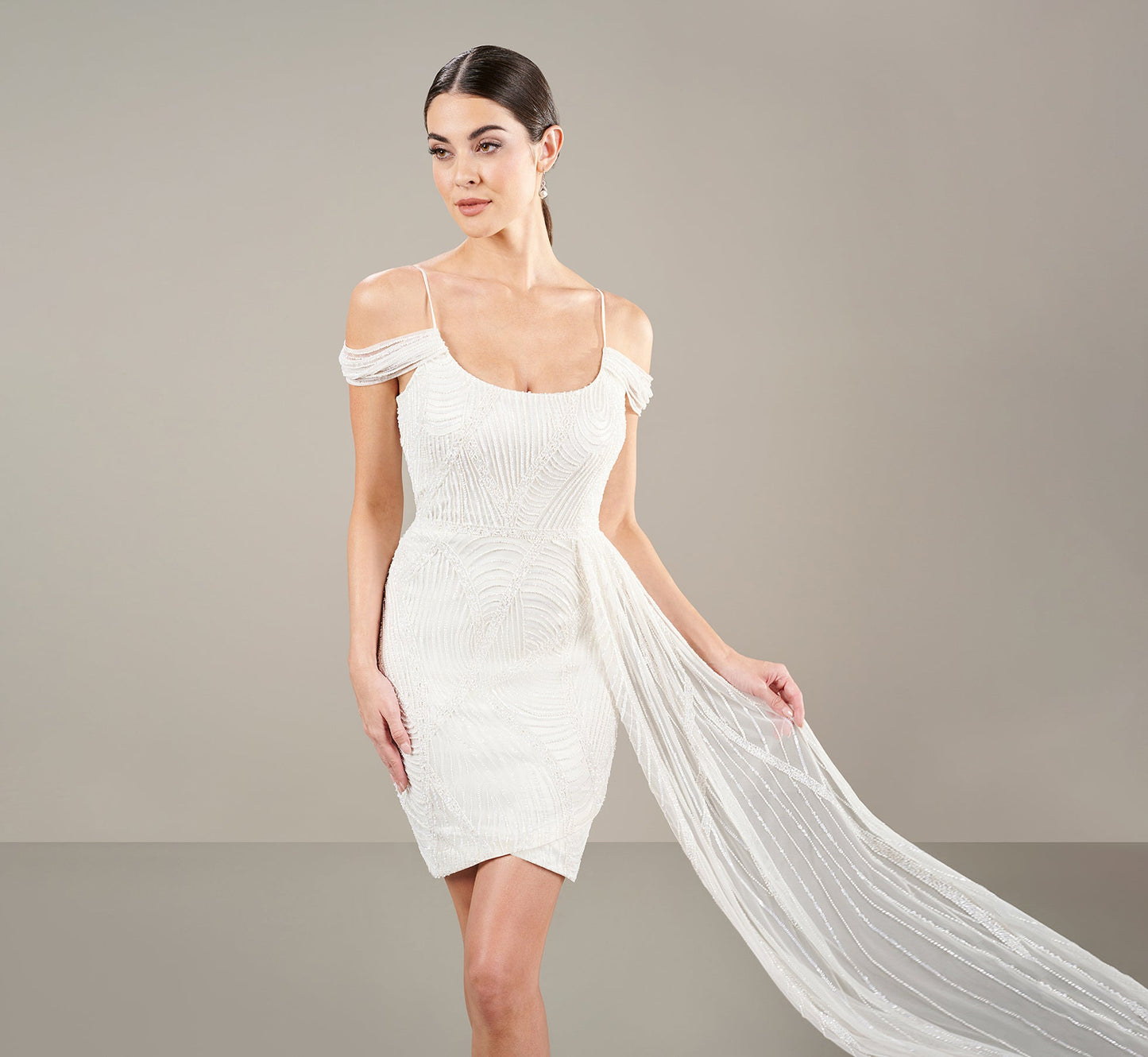 All Over Beaded Short Sheath In Ivory