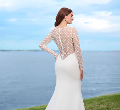 Stretch Crepe Gown With Beaded Lace Sleeves And Back In Ivory Nude