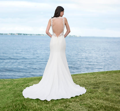 Lace And Stretch Crepe Gown With Halter Neckline In Ivory Nude
