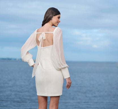 Crepe Short Skirt With Silk Chiffon Sleeves And Tie-Bow Back Straps In Ivory