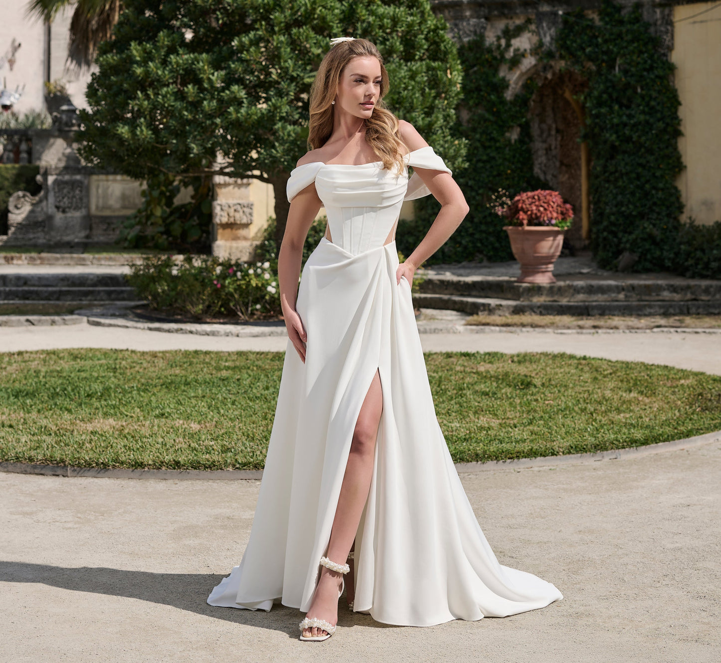 Scuba A-line gown with slit in Ivory