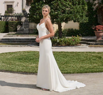 Stretch Crepe gown with cowl back in Ivory
