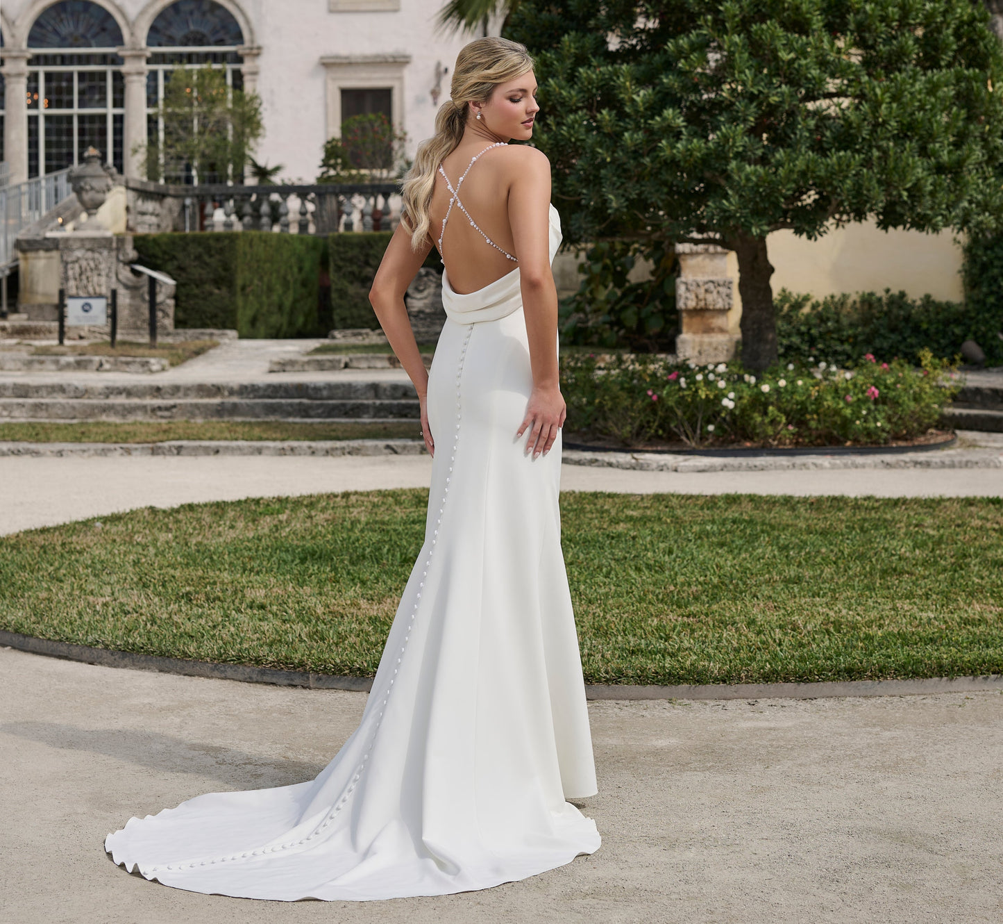 Stretch Crepe gown with cowl back in Ivory