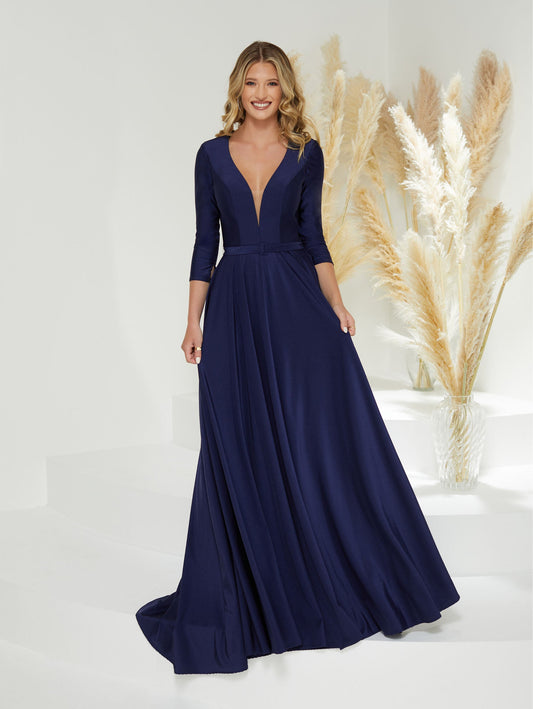 Plunging V-Neckline Sheath Gown with Open Back