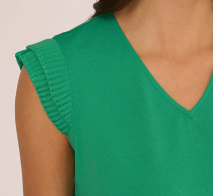V-Neck Top With Pleated Flutter Sleeves In Simply Green