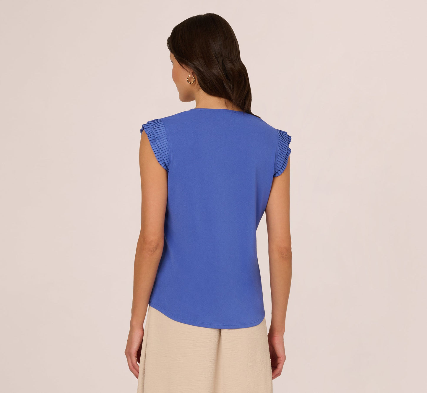 V-Neck Top With Pleated Flutter Sleeves In Amparo Blue