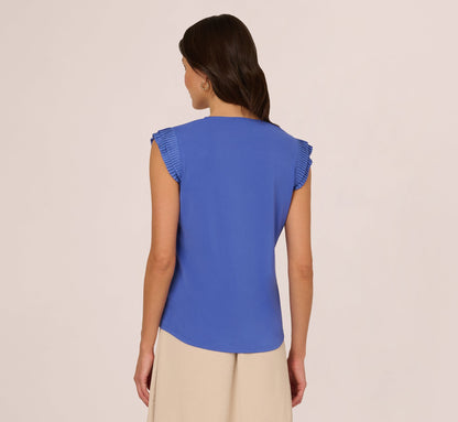V-Neck Top With Pleated Flutter Sleeves In Amparo Blue