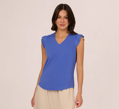 V-Neck Top With Pleated Flutter Sleeves In Amparo Blue