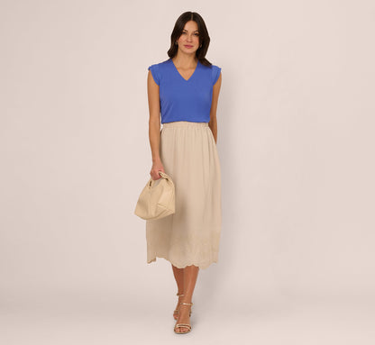 V-Neck Top With Pleated Flutter Sleeves In Amparo Blue