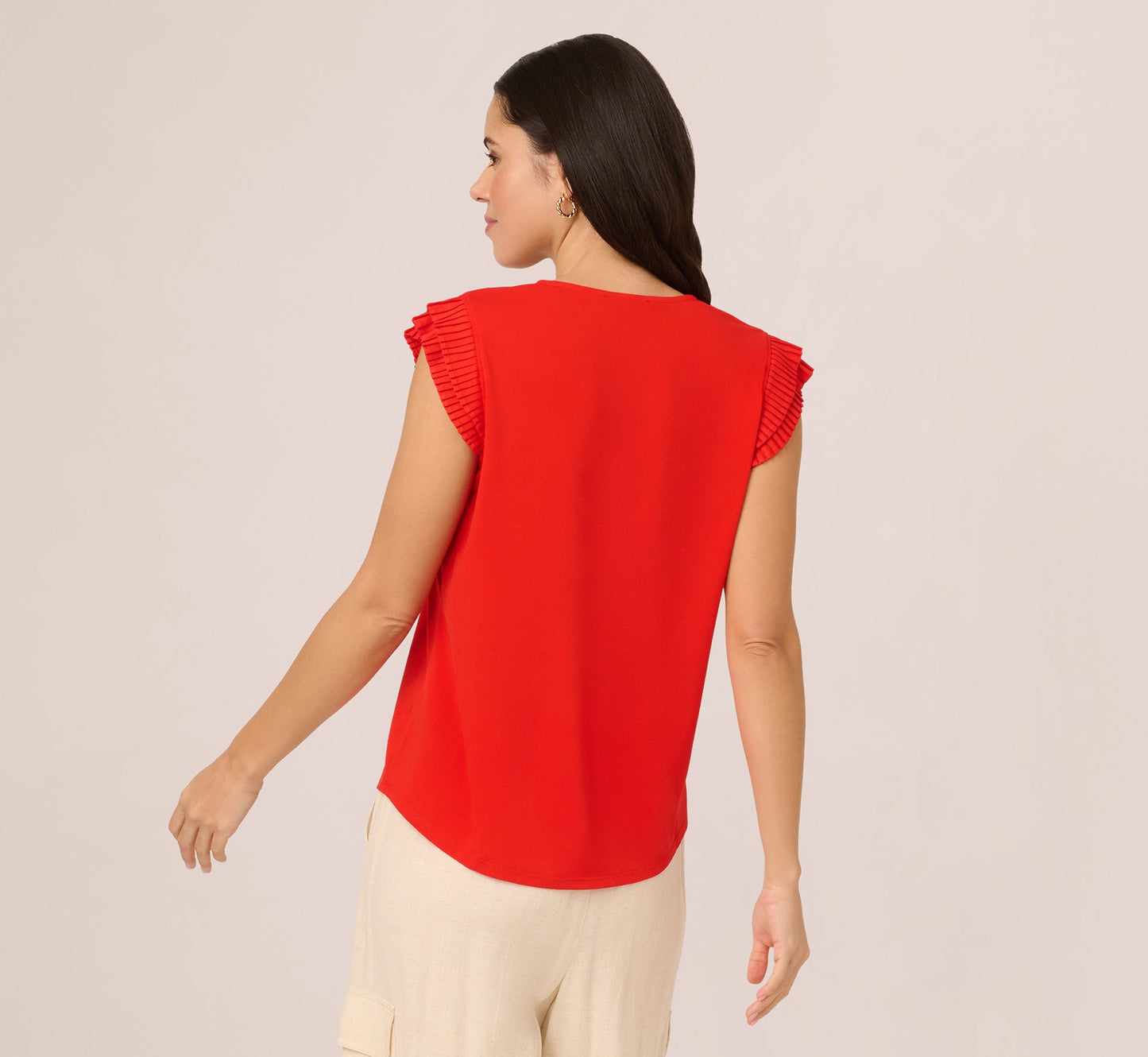 V-Neck Top With Pleated Flutter Sleeves In Valiant Poppy