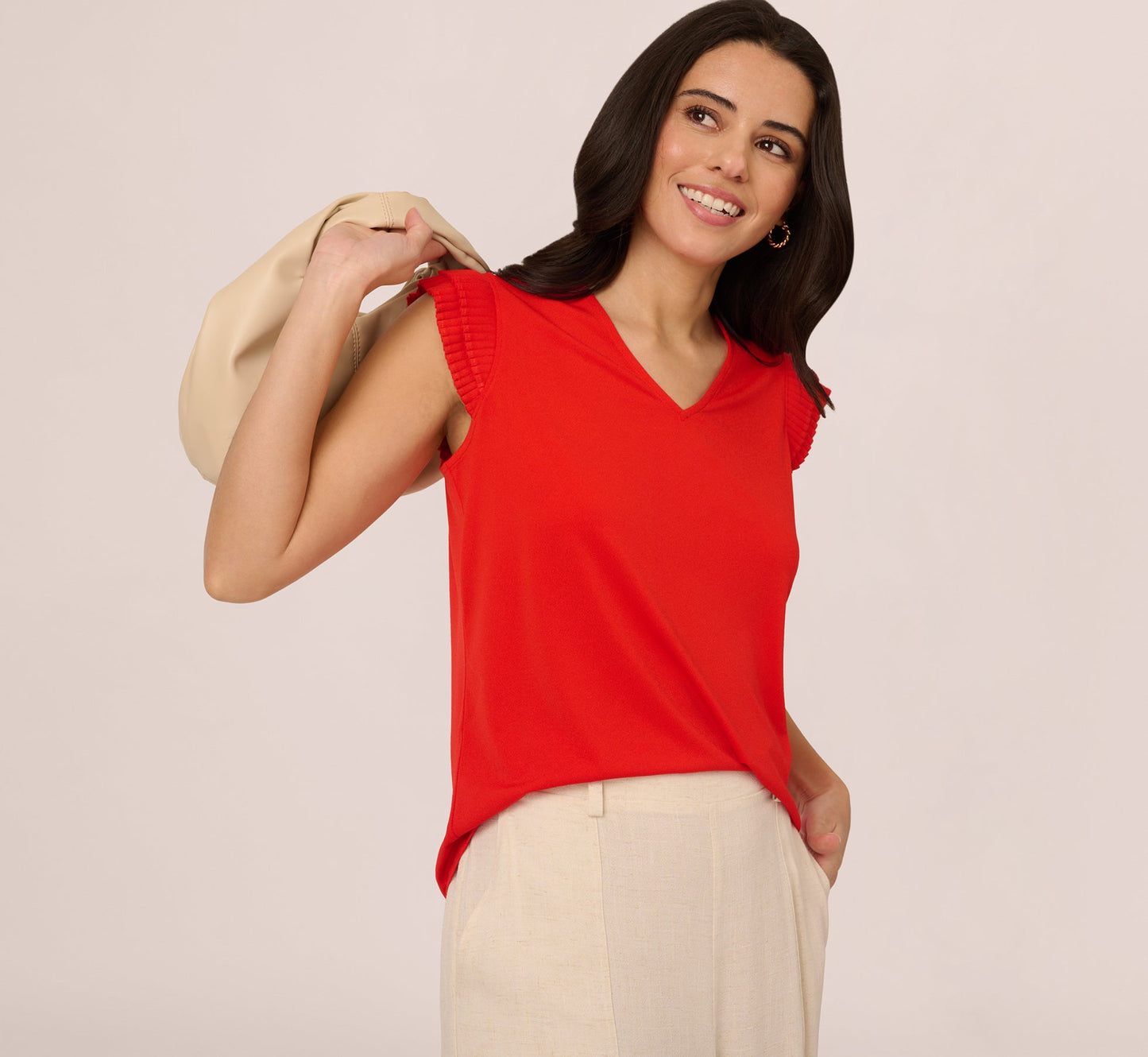 V-Neck Top With Pleated Flutter Sleeves In Valiant Poppy