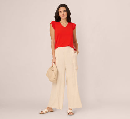V-Neck Top With Pleated Flutter Sleeves In Valiant Poppy
