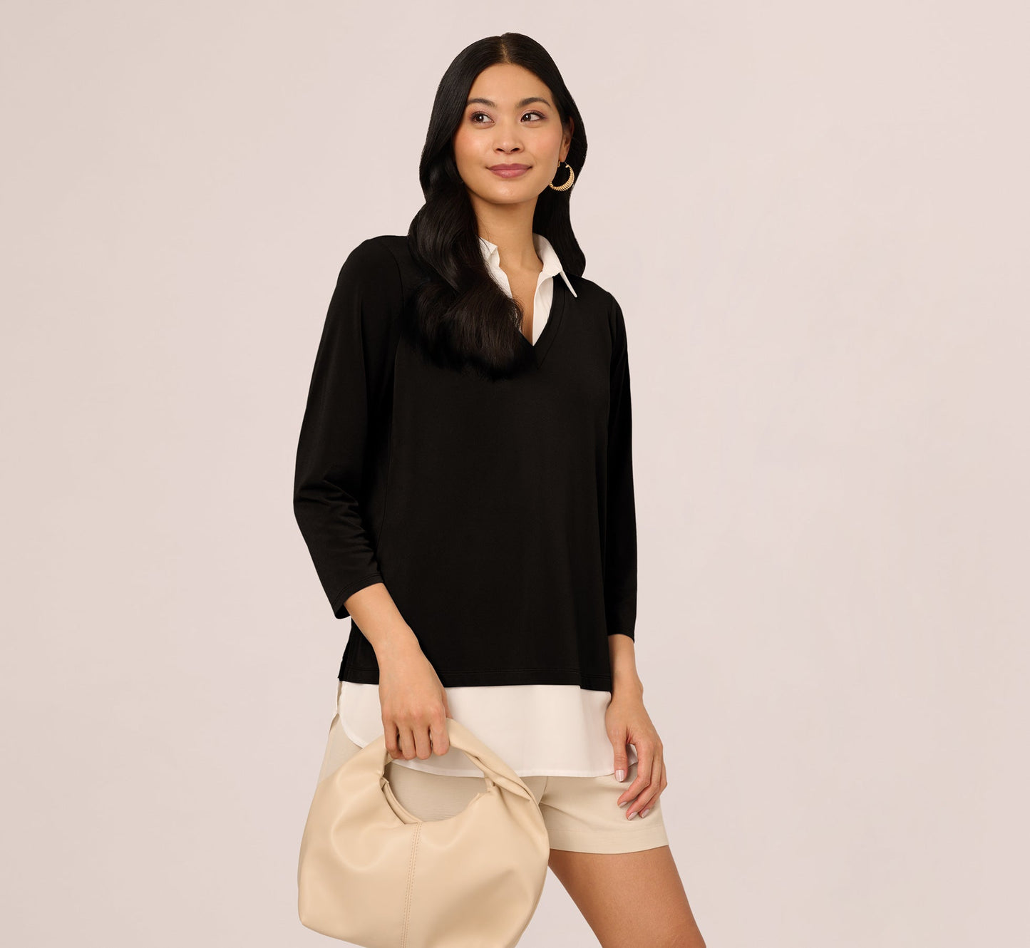 Three Quarter Sleeve Collared Twofer Sweater In Black Ivory