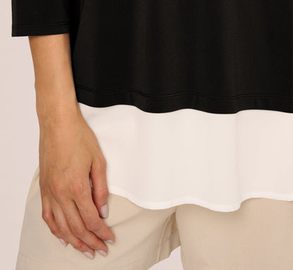 Three Quarter Sleeve Collared Twofer Sweater In Black Ivory