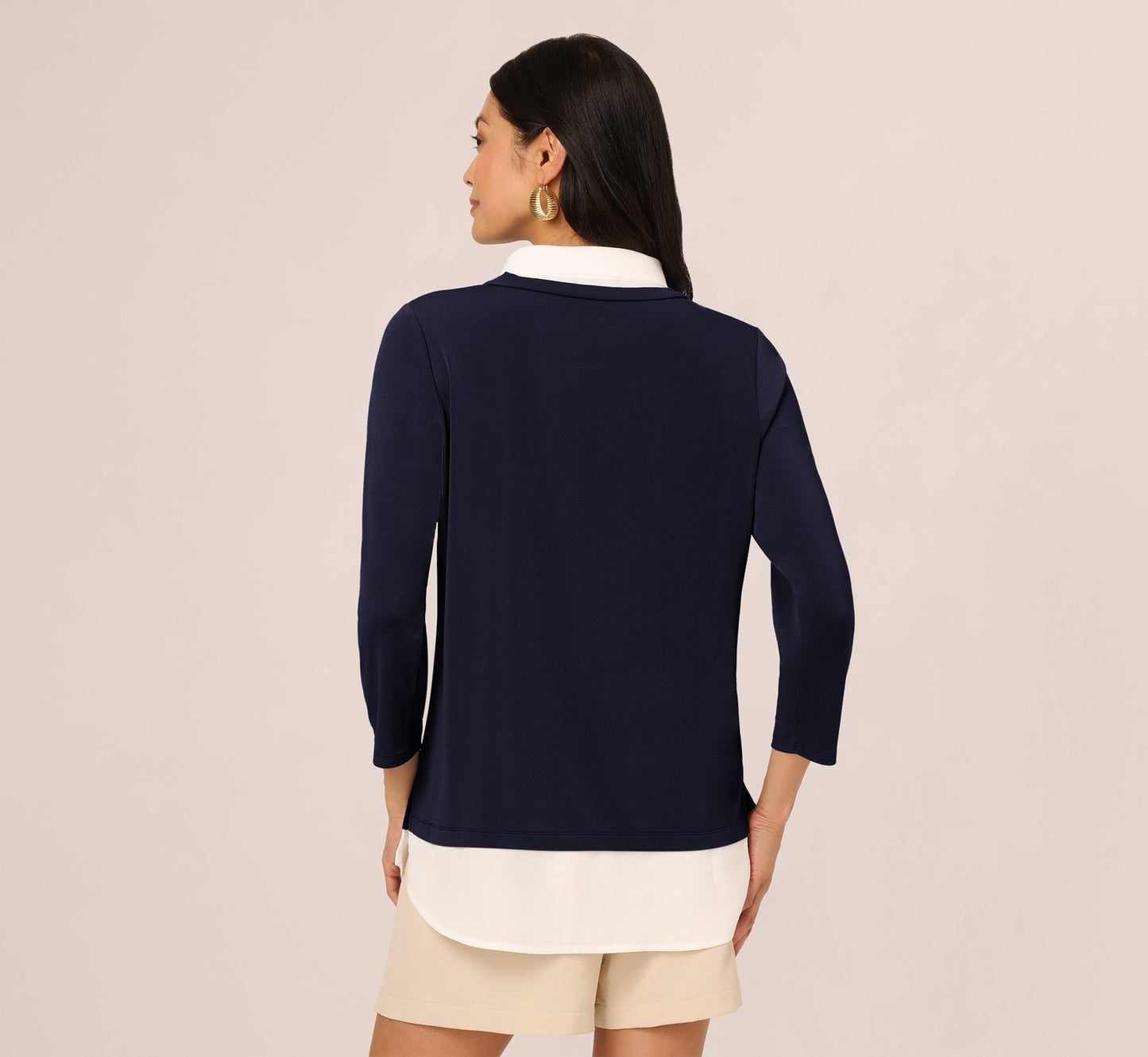 Three Quarter Sleeve Collared Twofer Sweater In Navy Ivory