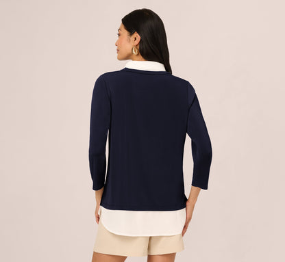 Three Quarter Sleeve Collared Twofer Sweater In Navy Ivory