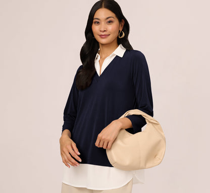 Three Quarter Sleeve Collared Twofer Sweater In Navy Ivory