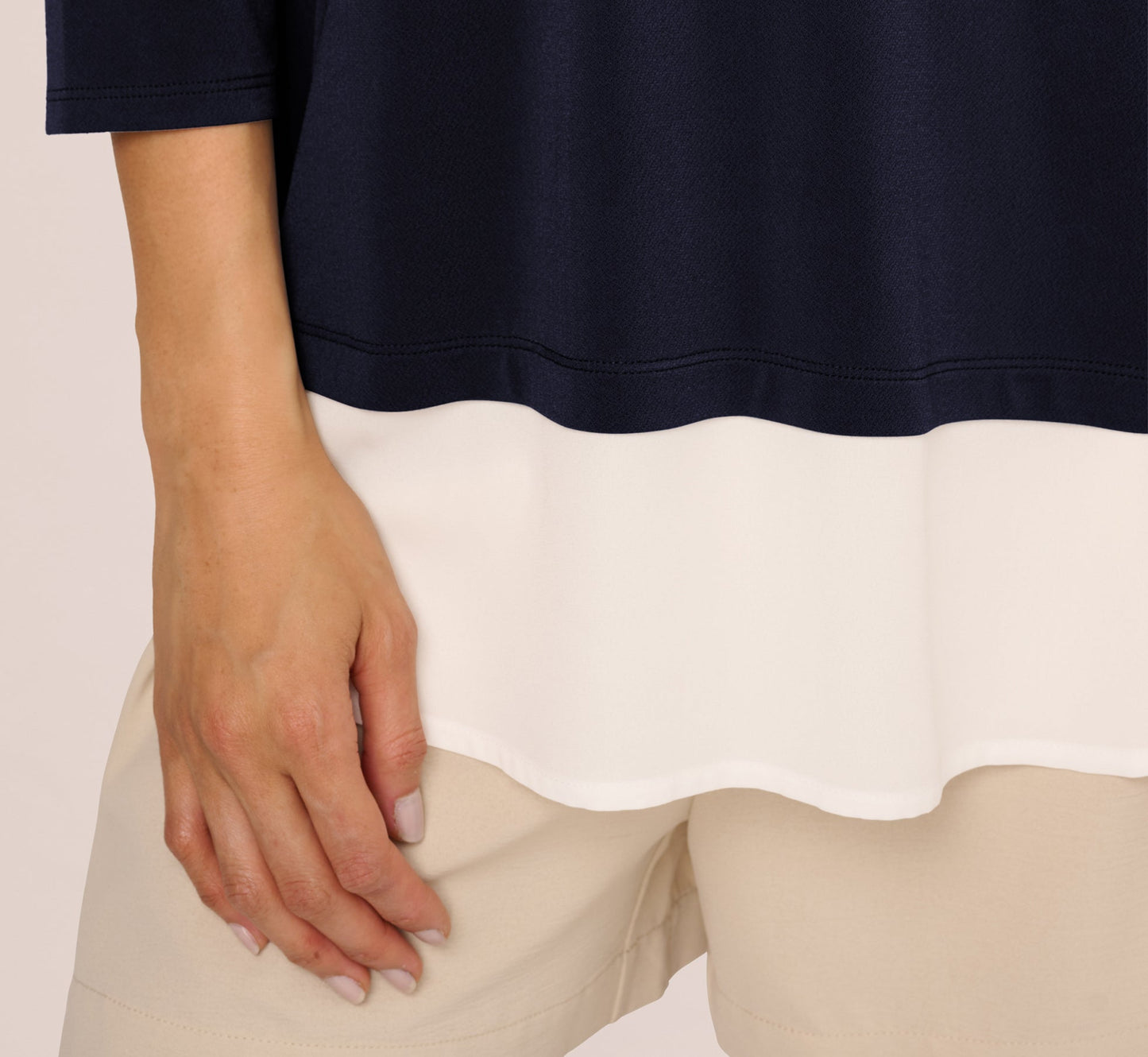 Three Quarter Sleeve Collared Twofer Sweater In Navy Ivory