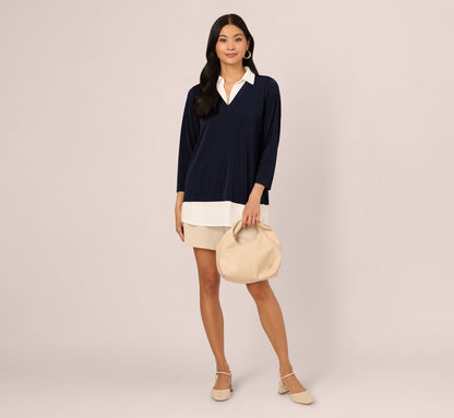Three Quarter Sleeve Collared Twofer Sweater In Navy Ivory