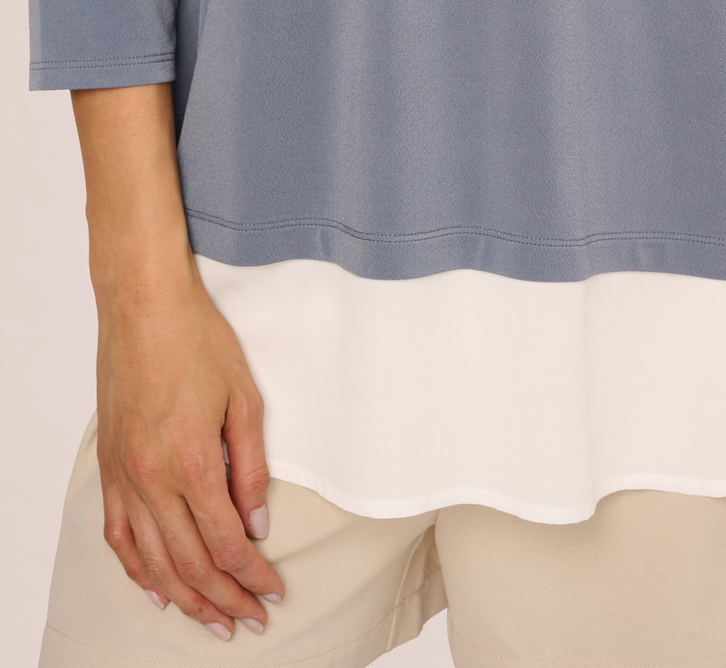 Three Quarter Sleeve Collared Twofer Sweater In Dusty Blue Ivory