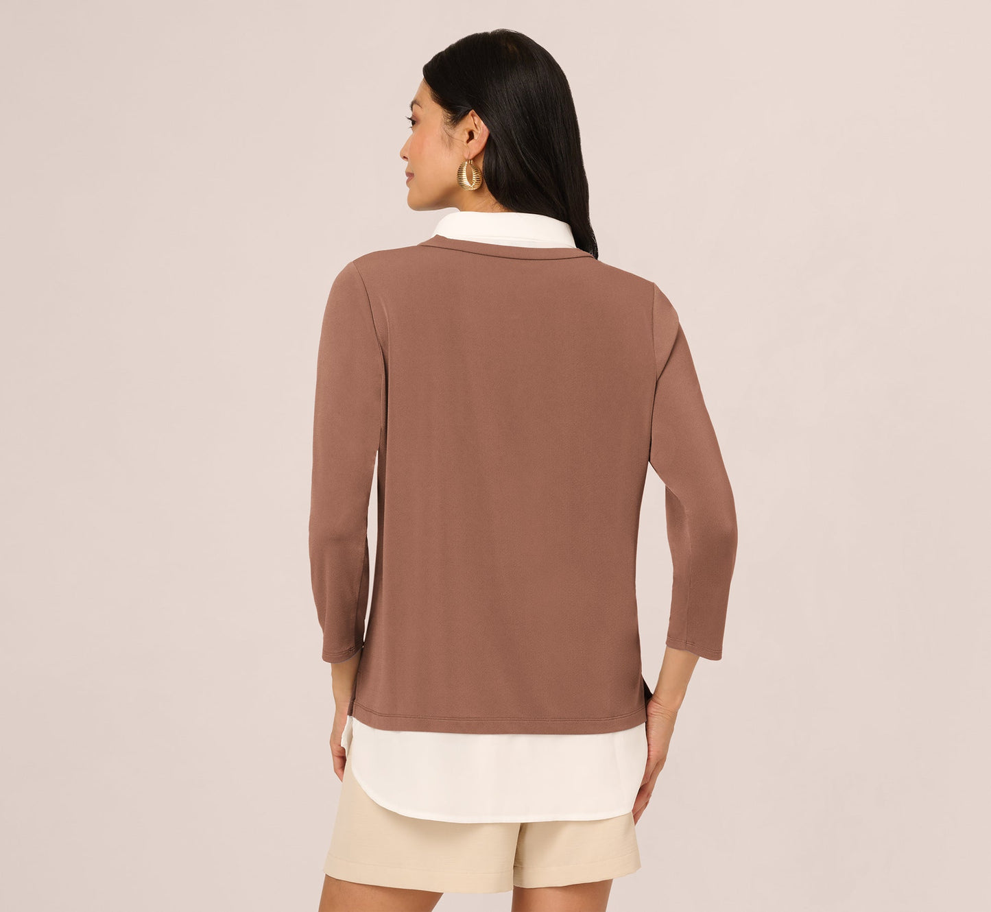 Three Quarter Sleeve Collared Twofer Sweater In Elderberry Ivory