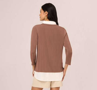 Three Quarter Sleeve Collared Twofer Sweater In Elderberry Ivory
