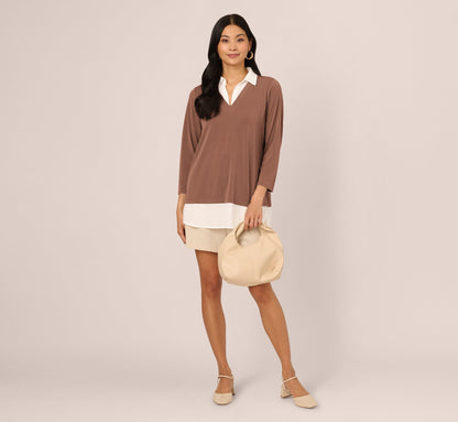 Three Quarter Sleeve Collared Twofer Sweater In Elderberry Ivory