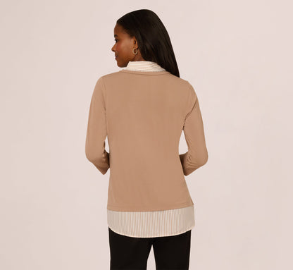 Three Quarter Sleeve Sweater With Button Down Accents In Cocoa W  Cocoa Light Stripe