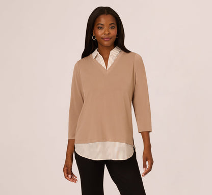 Three Quarter Sleeve Sweater With Button Down Accents In Cocoa W  Cocoa Light Stripe