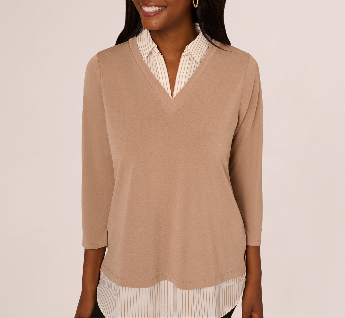 Three Quarter Sleeve Sweater With Button Down Accents In Cocoa W  Cocoa Light Stripe