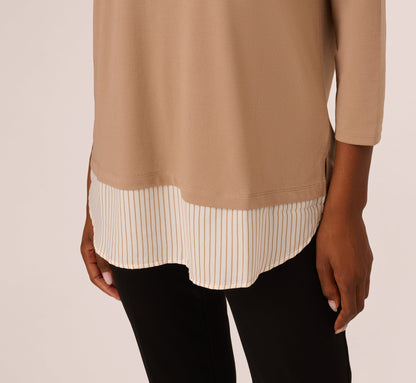 Three Quarter Sleeve Sweater With Button Down Accents In Cocoa W  Cocoa Light Stripe