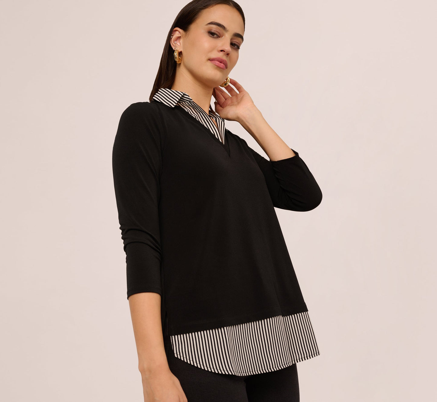 Three Quarter Sleeve Sweater With Button Down Accents In Blackw Black Ivorysmall Stripe