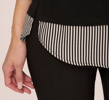 Three Quarter Sleeve Sweater With Button Down Accents In Blackw Black Ivorysmall Stripe