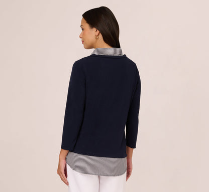 Three Quarter Sleeve Sweater With Button Down Accents In Navy W  Navy Ivry Small Stripe