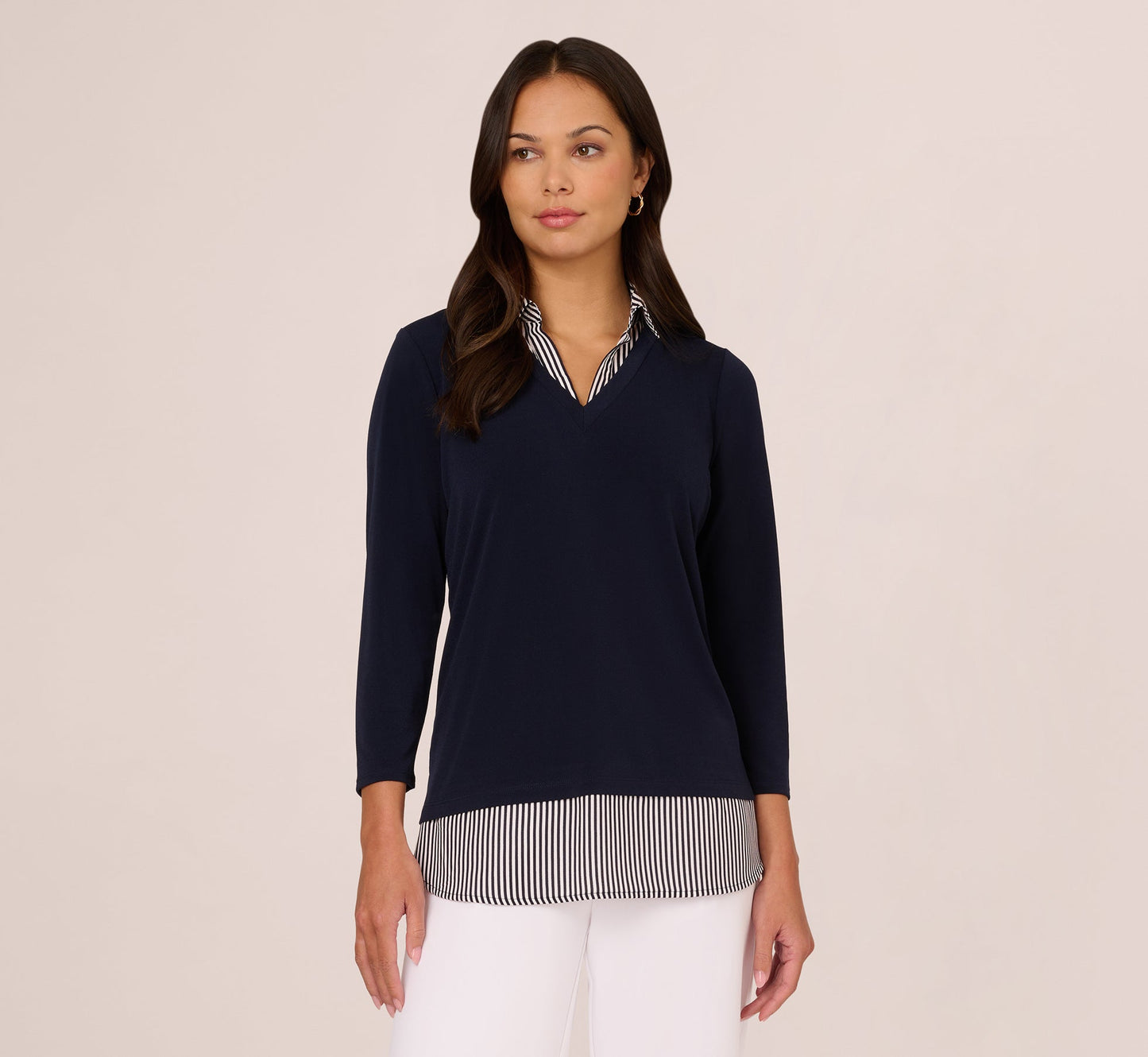 Three Quarter Sleeve Sweater With Button Down Accents In Navy W  Navy Ivry Small Stripe