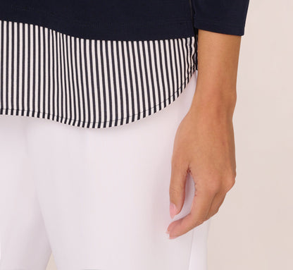 Three Quarter Sleeve Sweater With Button Down Accents In Navy W  Navy Ivry Small Stripe