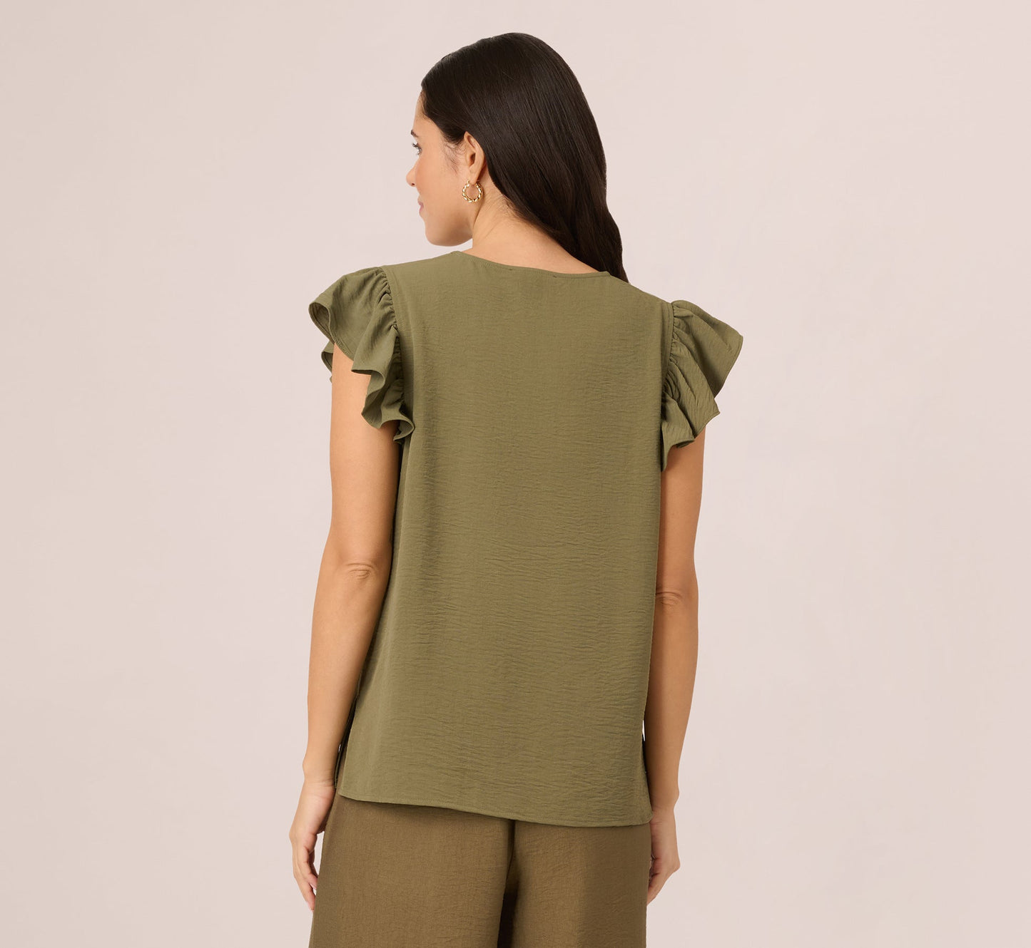 Ruffle Sleeve V Neck Satin Top In Olivine