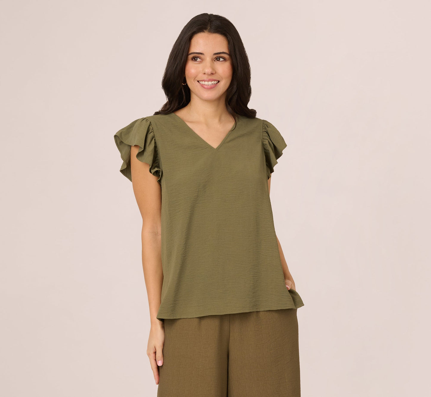 Ruffle Sleeve V Neck Satin Top In Olivine