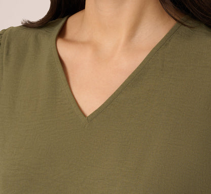 Ruffle Sleeve V Neck Satin Top In Olivine
