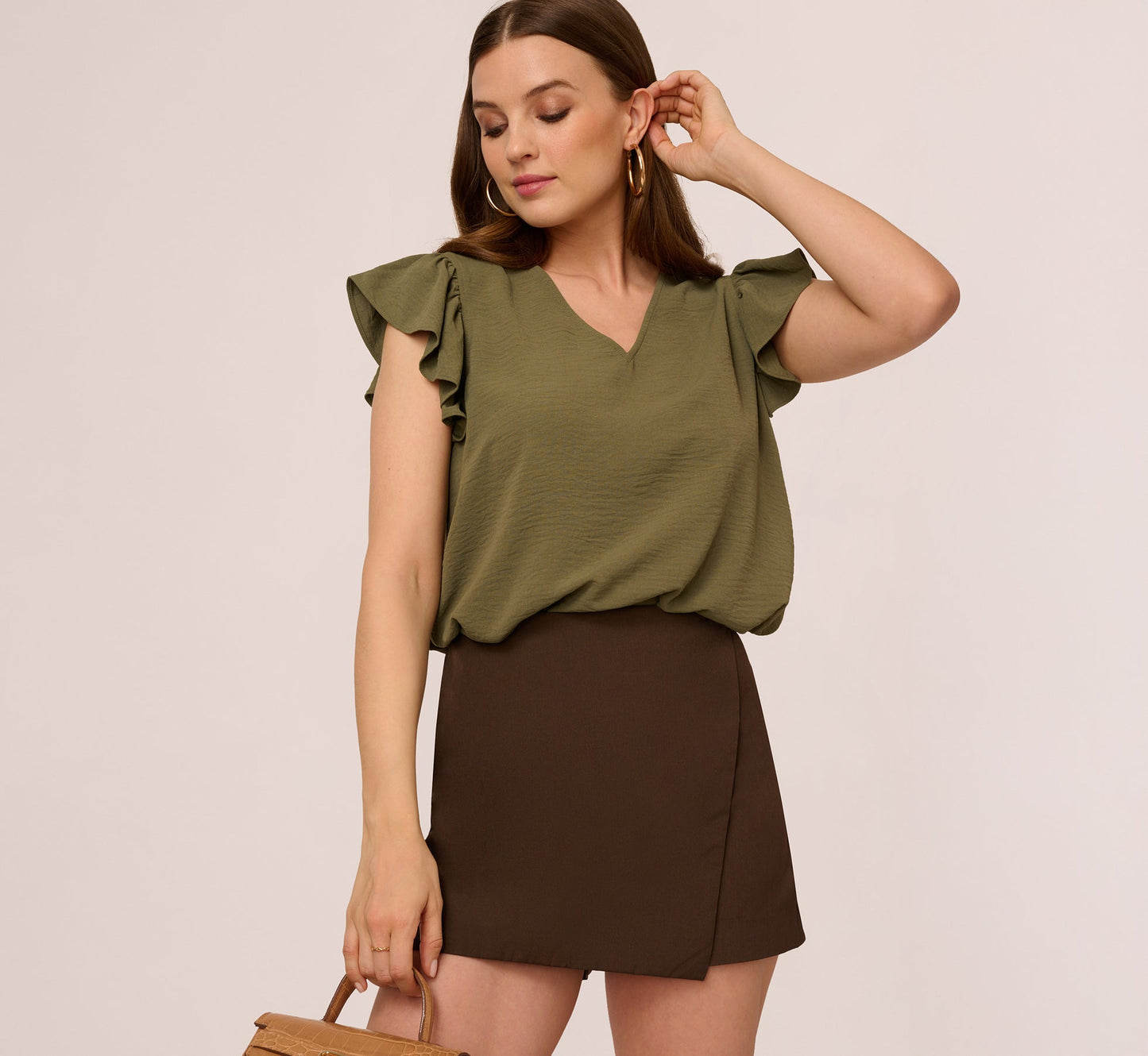 Ruffle Sleeve V Neck Satin Top In Olivine