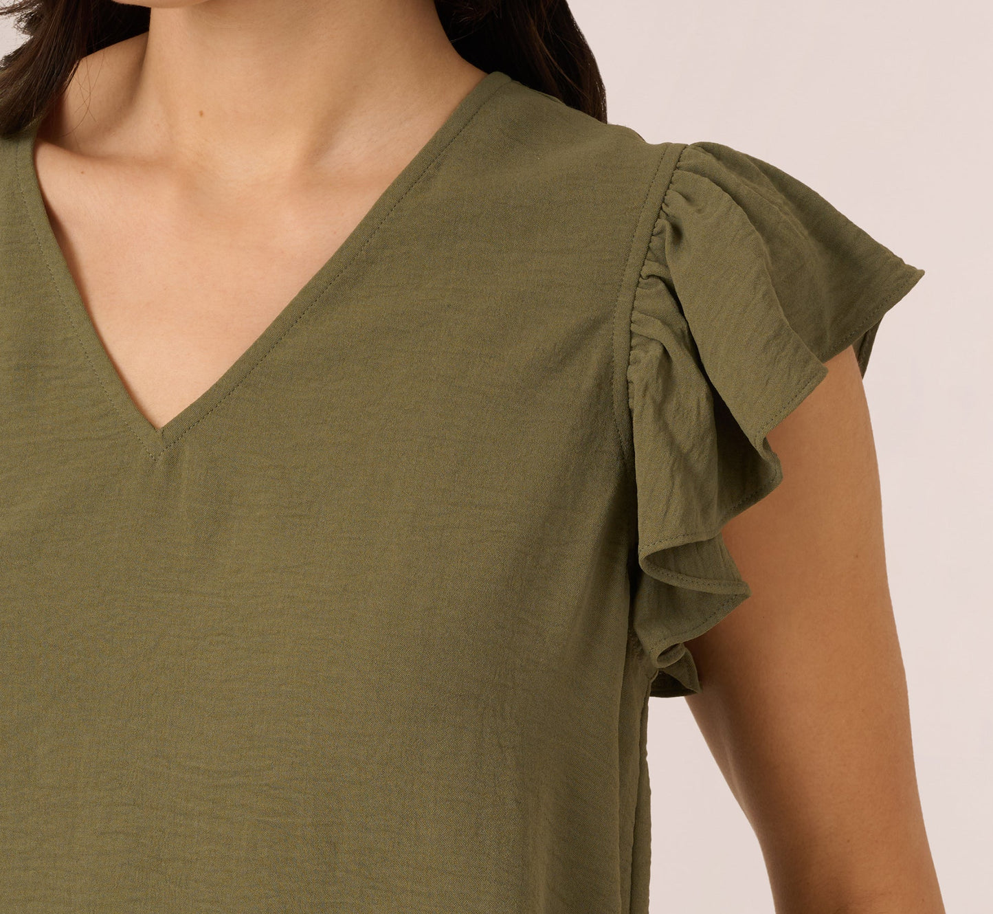 Ruffle Sleeve V Neck Satin Top In Olivine