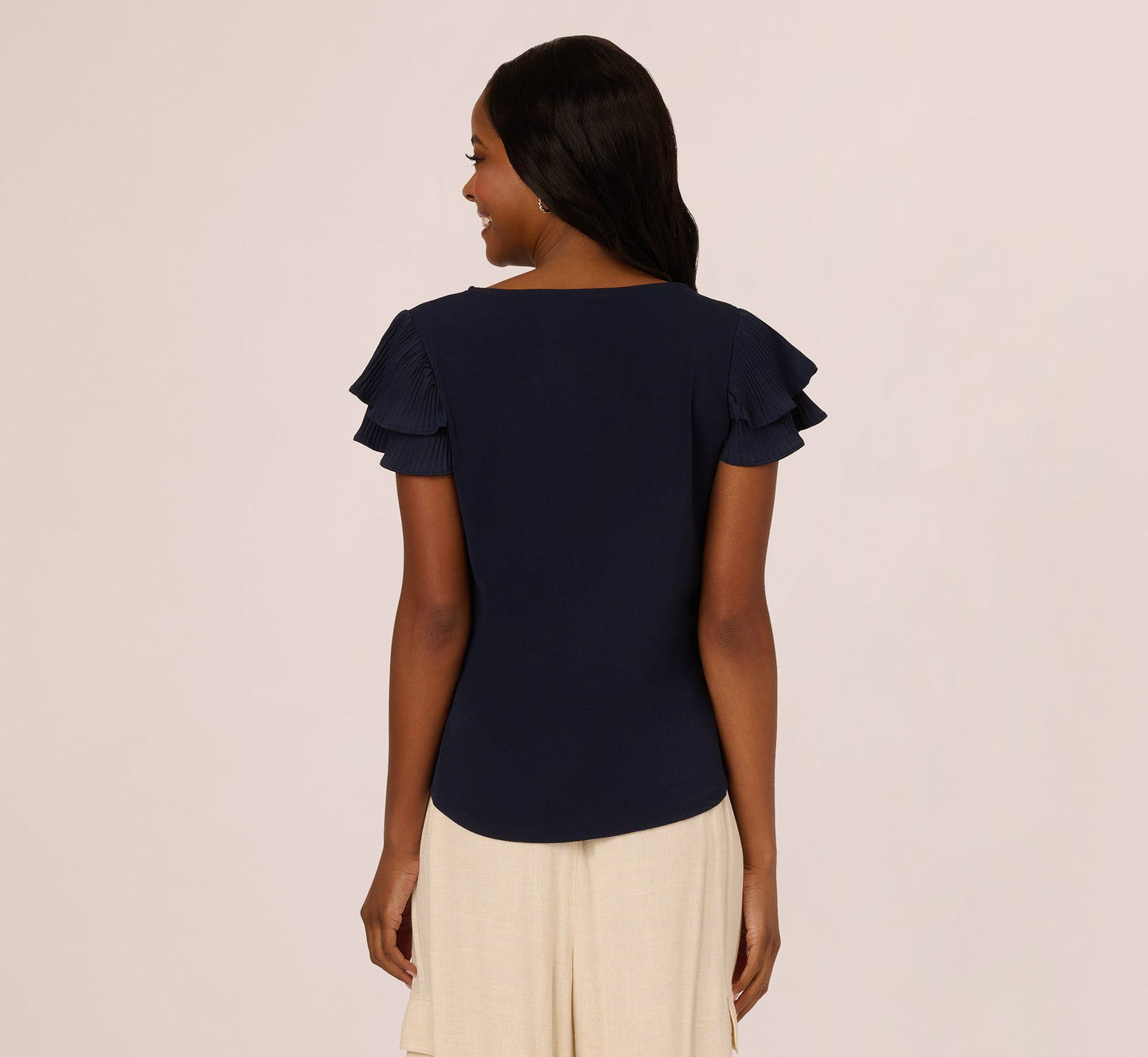 Double Flutter Sleeve Top With Pleated Details In Blue Moon