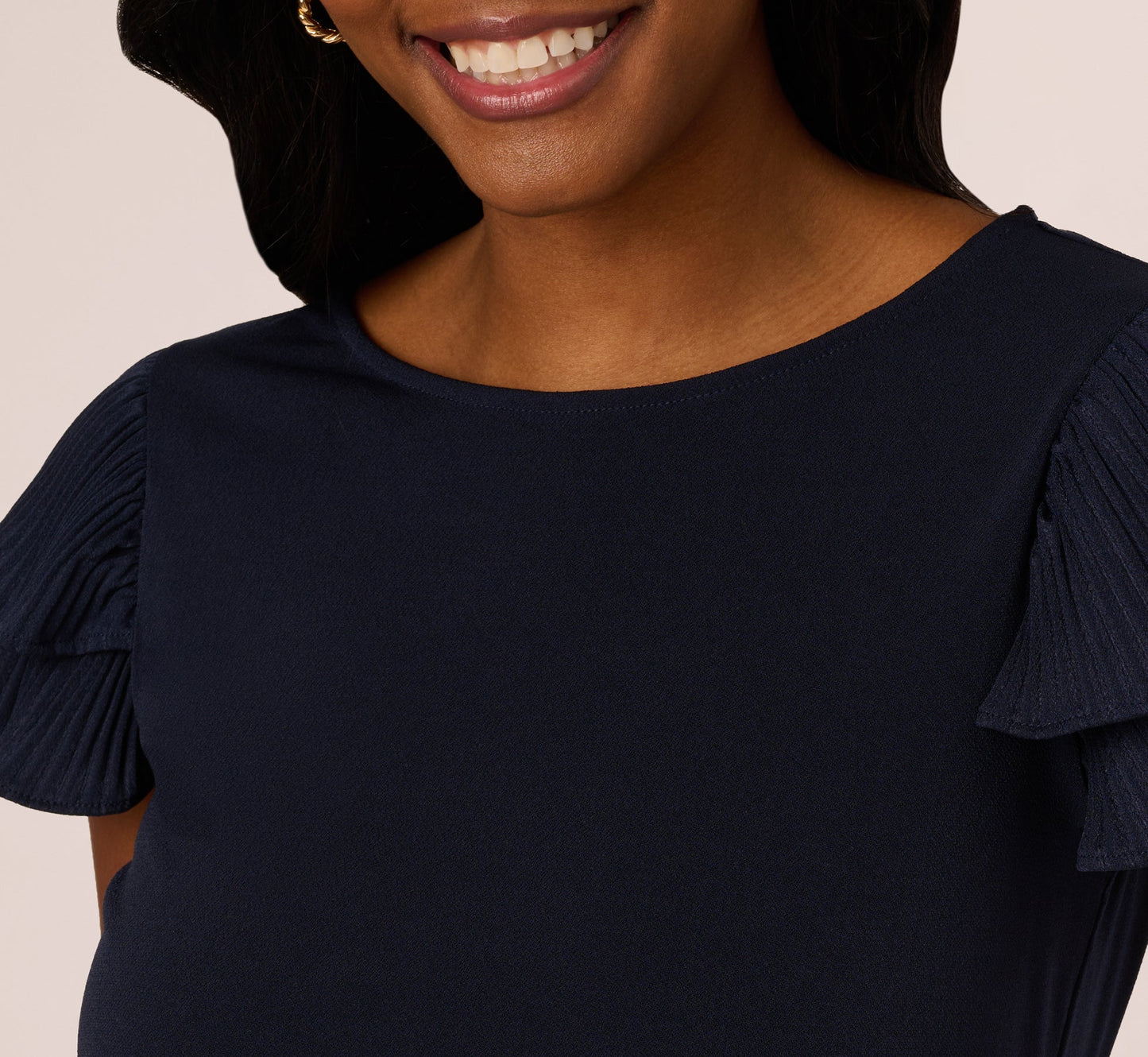 Double Flutter Sleeve Top With Pleated Details In Blue Moon