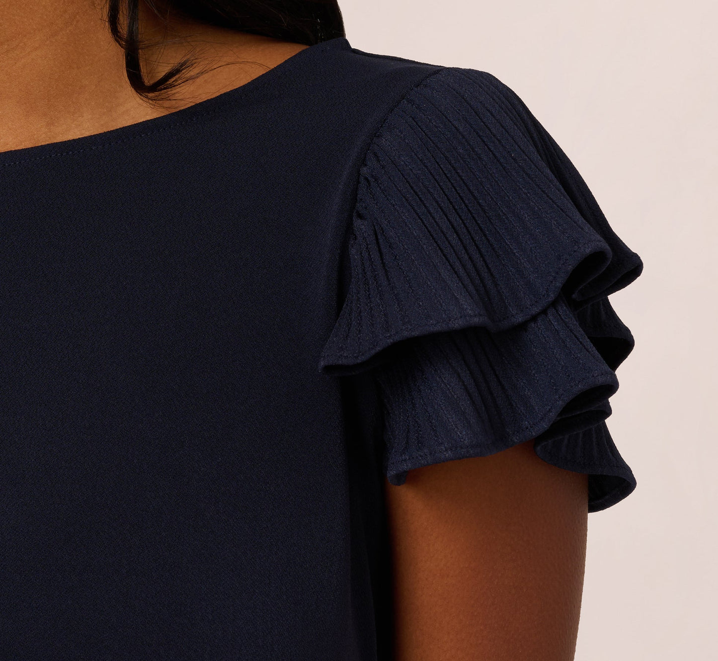Double Flutter Sleeve Top With Pleated Details In Blue Moon
