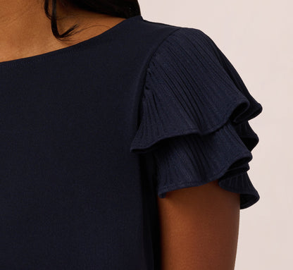 Double Flutter Sleeve Top With Pleated Details In Blue Moon