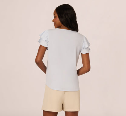 Double Flutter Sleeve Top With Pleated Details In Halogen Blue