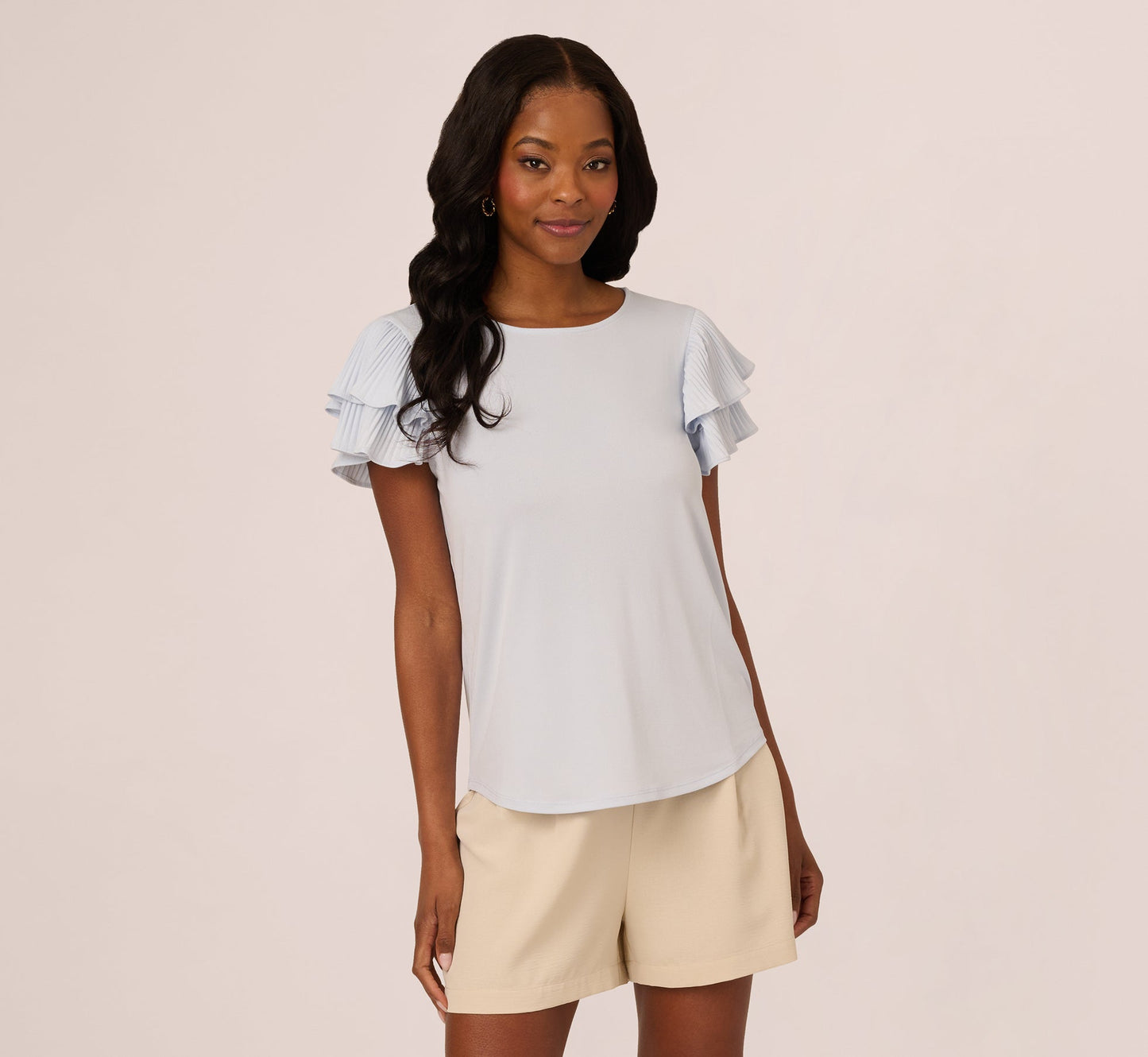 Double Flutter Sleeve Top With Pleated Details In Halogen Blue