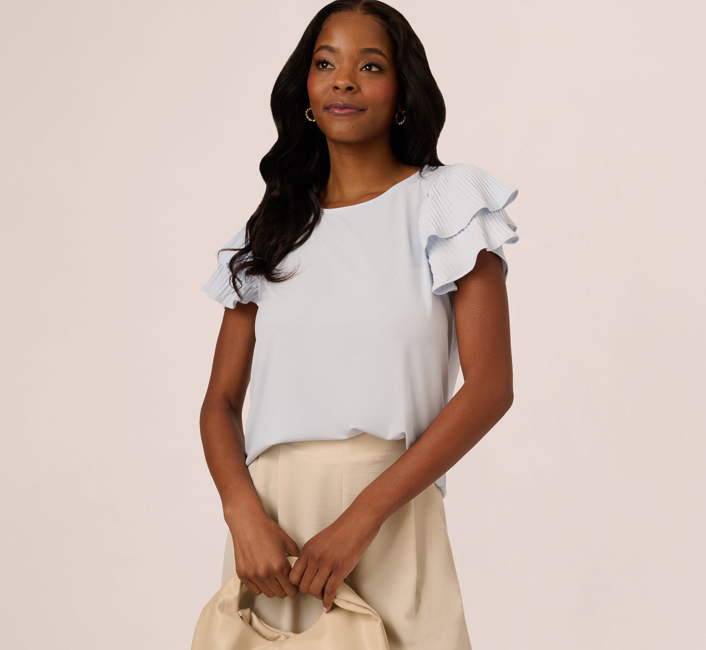 Double Flutter Sleeve Top With Pleated Details In Halogen Blue